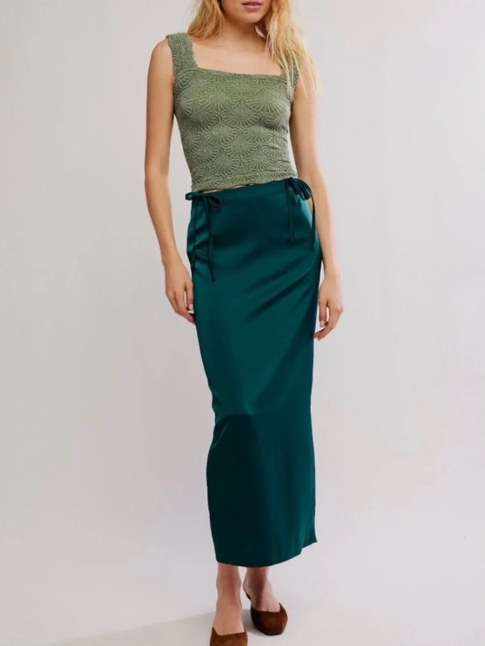 Free People Elm Green Crochet Square-Neck Tank M/L NWOT
